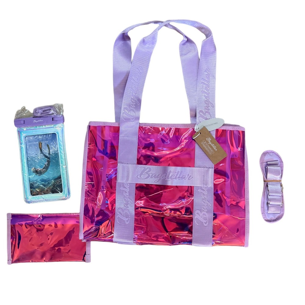 NWT Bagstellar Iridescent Clear Beach Tote Bag 4-Piece Waterproof Phone Kit